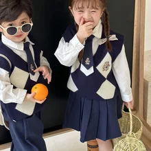 School Look Brother Sister Matching Three-piece Set Girls Knit Vest blouse skirts Outfits Korean Boys Sweater Shirts Pants Suit