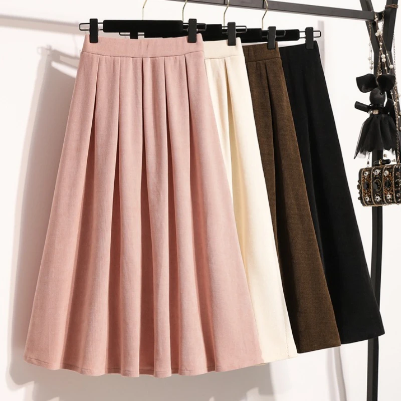 Plus Size Pleated A-Line Skirt Women Mid-Length Autumn Winter