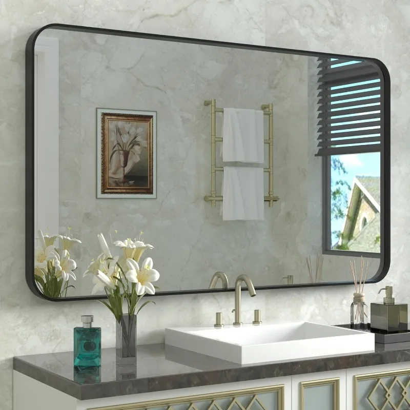 

Matte Bathroom Mirror, Modern Rectangle Metal Framed Mirrors for Wall, Rounded Corners (Horizontal/Vertical)