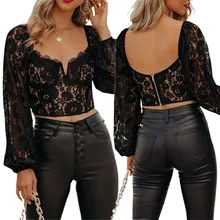 Ladies Autumn Lace Tops, Temperament Flower Crochet Hollow V-neck Puff Long Sleeve Blouse Back Zipper Base Shirt 
Ladies Autumn Lace Tops, Temperament Flower Crochet Hollow V-neck Puff Long Sleeve Blouse Back Zipper Base Shirt