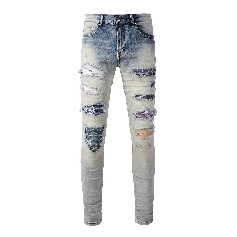 

Men's High Street Distressed Print Paisley Ribs Patchwork Holes Stretch Slim Patches Old School Washed Ripped Blue Denim Jeans