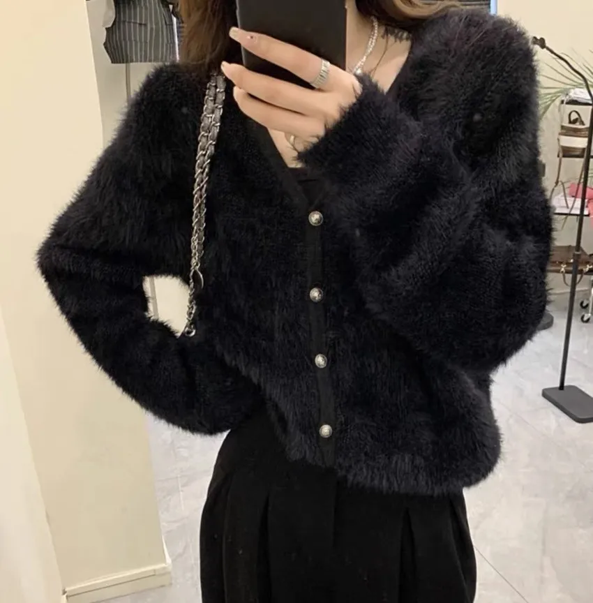 

Chic Black Mink Cashmere Soft Women V Neck Sweater Coat Autumn Winter Single Breasted Mohair Knitted Thick Loose Cardigan Jacket