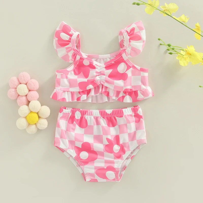 

VISgogo Toddler Baby Girls Bikini Set Flower Plaid Print Fly Sleeve Camisole with Briefs Bathing Swimsuit for Summer Beach