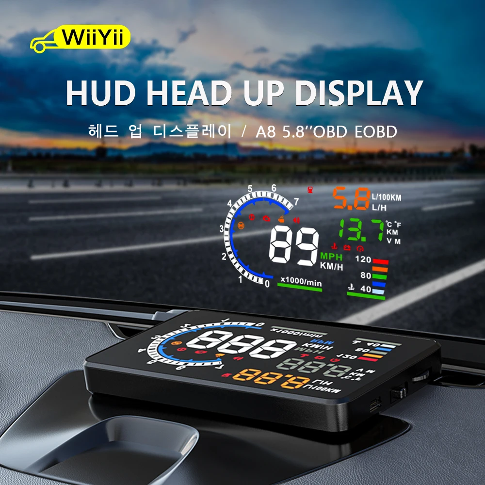 

WIIYII 5.5'' A8 HUD Car head up display OBD II EUOBD LED Windscreen Project Alarm System on-board OBD scanner Universal auto