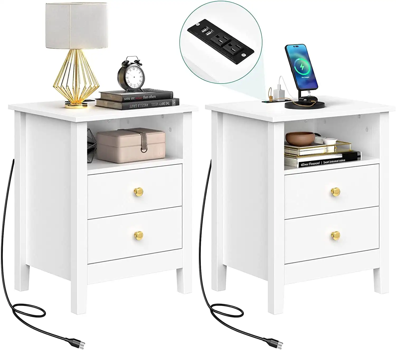 

Dextrus Set of 2 Modern Nightstand with Charging Station, 18.5" Bedside Table with Power Outlet and 2 Drawers for Small