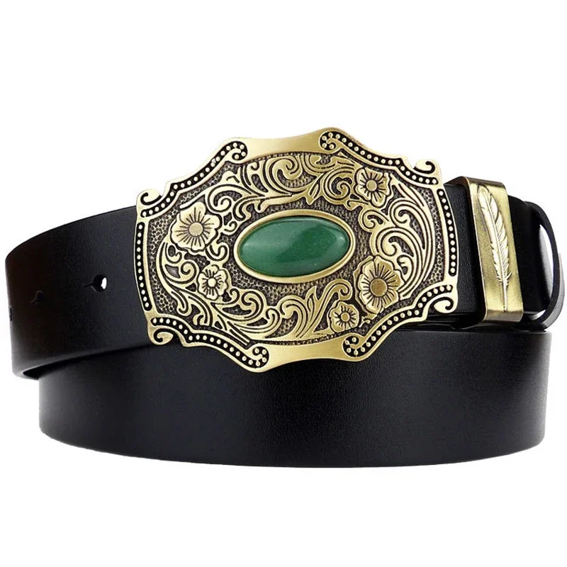 

Top Cow genuine leather belts for men Copper buckle Tang Grass Grain Jade Brass Plate Buckle Ancient High quality Male Belt