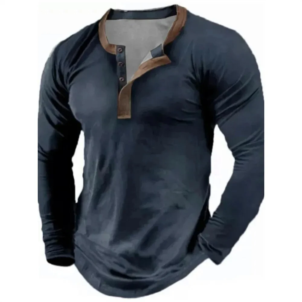

Модные однотонные рубашки, мужская рубашка Henley с 3D принтом, винтажные мужские футболки на пуговицах, футболки, одежда