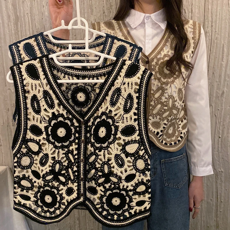 

Crochet Flower Knitwears Short Tops Women's Vest Cropped Sweaters Sleeveless Knit Vests Cardigan Outerwear Spring Summer Clothes