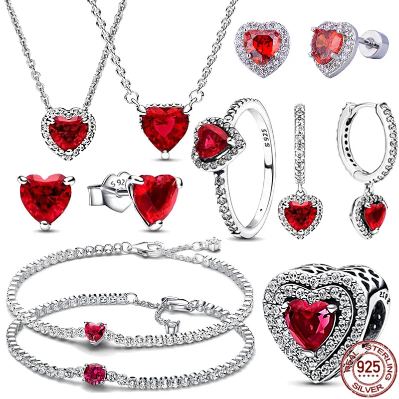 

Классическое ювелирное изделие в форме красного сердца из стерлингового серебра 925 пробы, новое Изысканное роскошное очаровательное кольцо, ожерелье, браслет, подходит для «сделай сам», Подарок на годовщину