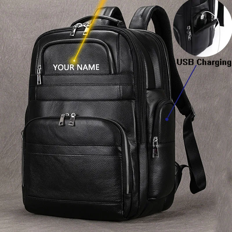 

USB Charging Men Backpack Genuine Cow Leather Waterproof 16 inch Laptop Daypack Schoolbag Big Male Travel Rucksack Black