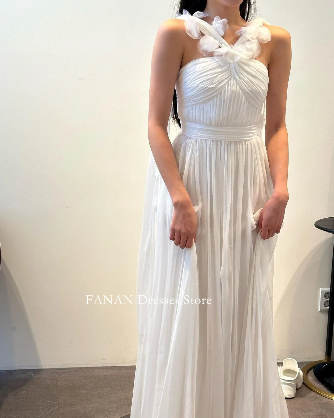 

FANAN Halter Neck Korea Ivory Ruched Wedding Dresses 웨딩드레스 Sleeveless Chiffon Custom Made Pretty Bride Gowns Plus Size