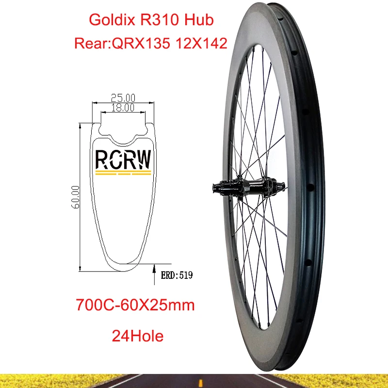 

700C Road 60X25mm Rear Wheelset 24Hole Carbon Rim Tubeless Deep 60 Wide 25 Center Lock Ratchet 36T Goldix R310 Hub Shiman XD XDR