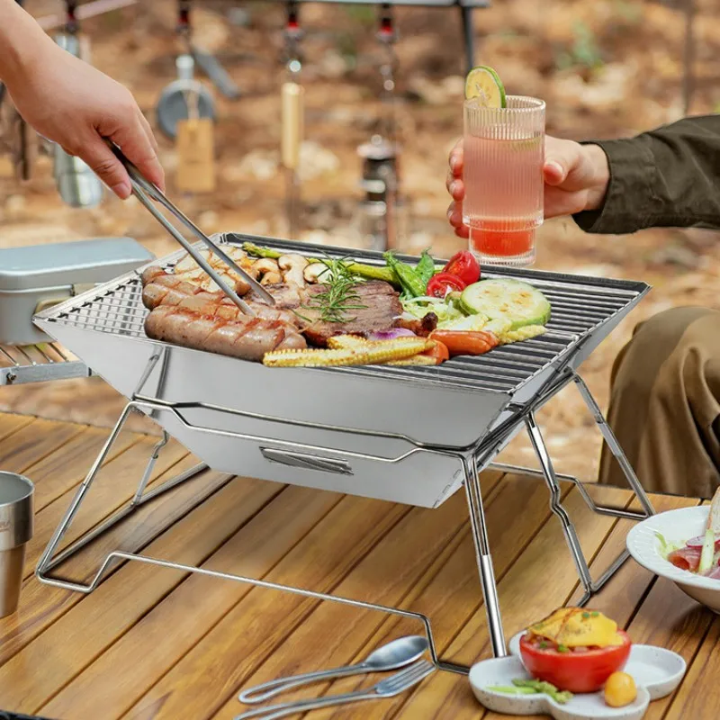 

41cm Wideth Stainless Steel BBQ Outdoor Grill Foldable Grill Easily Assembled Portable Camping Charcoal Grill Household Stove