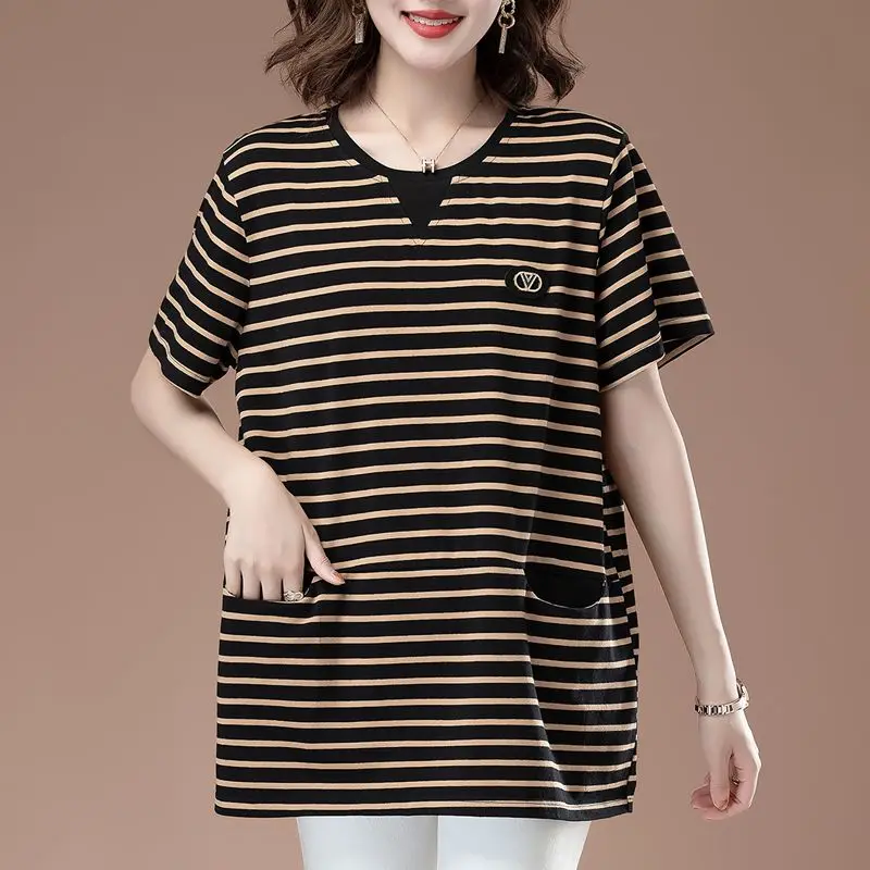 

Female Clothing Casual Striped Loose T-shirt Stylish Pockets Spliced Summer Round Neck Korean Spliced Short Sleeve Pullovers New