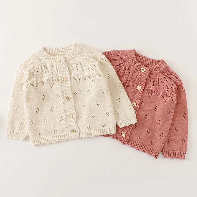 

Winter Spring Newborn Baby Girls Knitting Cardigan Long Sleeved Solid Color Hollowed Out Toddler Baby Girls Sweater Coat