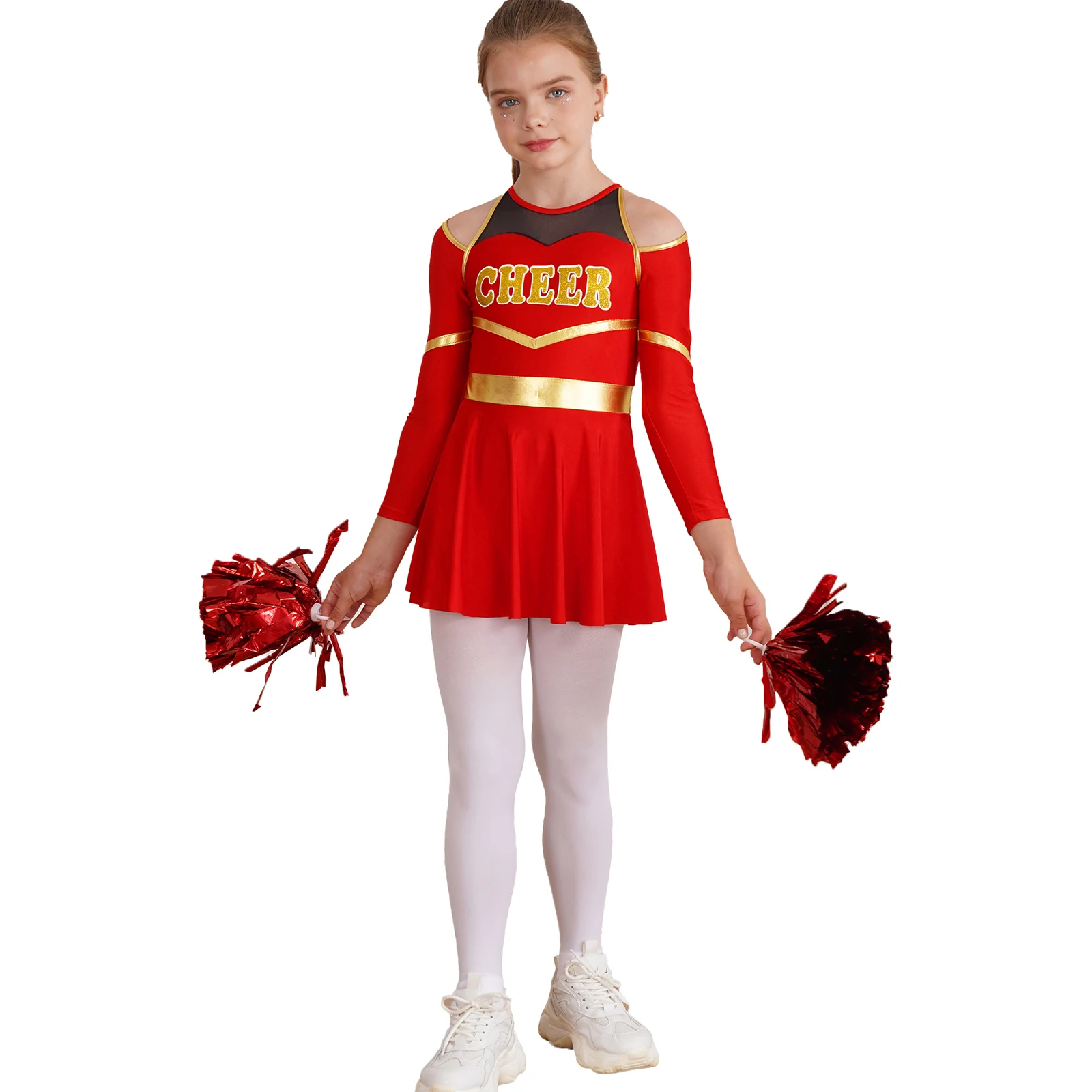 

Kids Girls Patchwork Cheerleading Dance Outfits Dress Letter Print Cold Shoulder Keyhole Back Long Sleeve Leotard Dresses Games