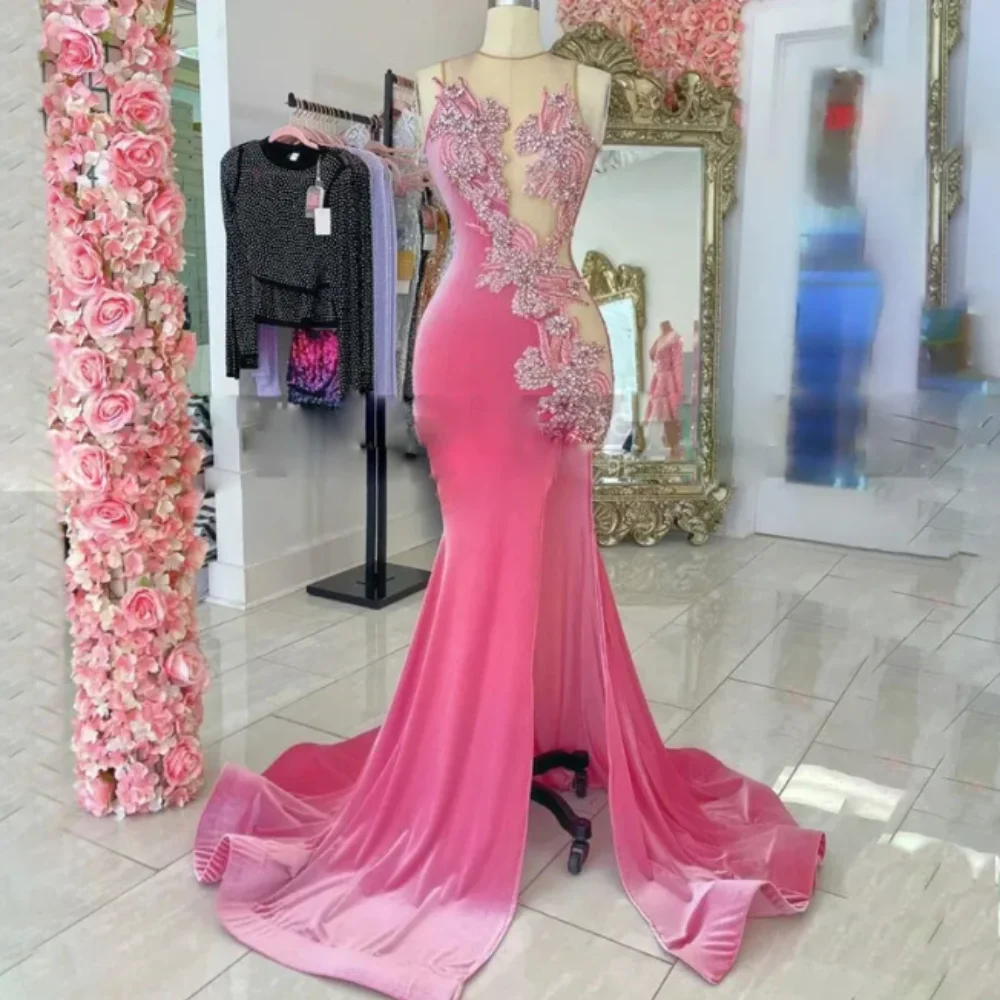 

Pink Rhinestone Mermaid Evening Dresses Side Split Velvet Prom Dress Sheer Neck Lace Appliques Sweep Train Custom Robe De Soiree