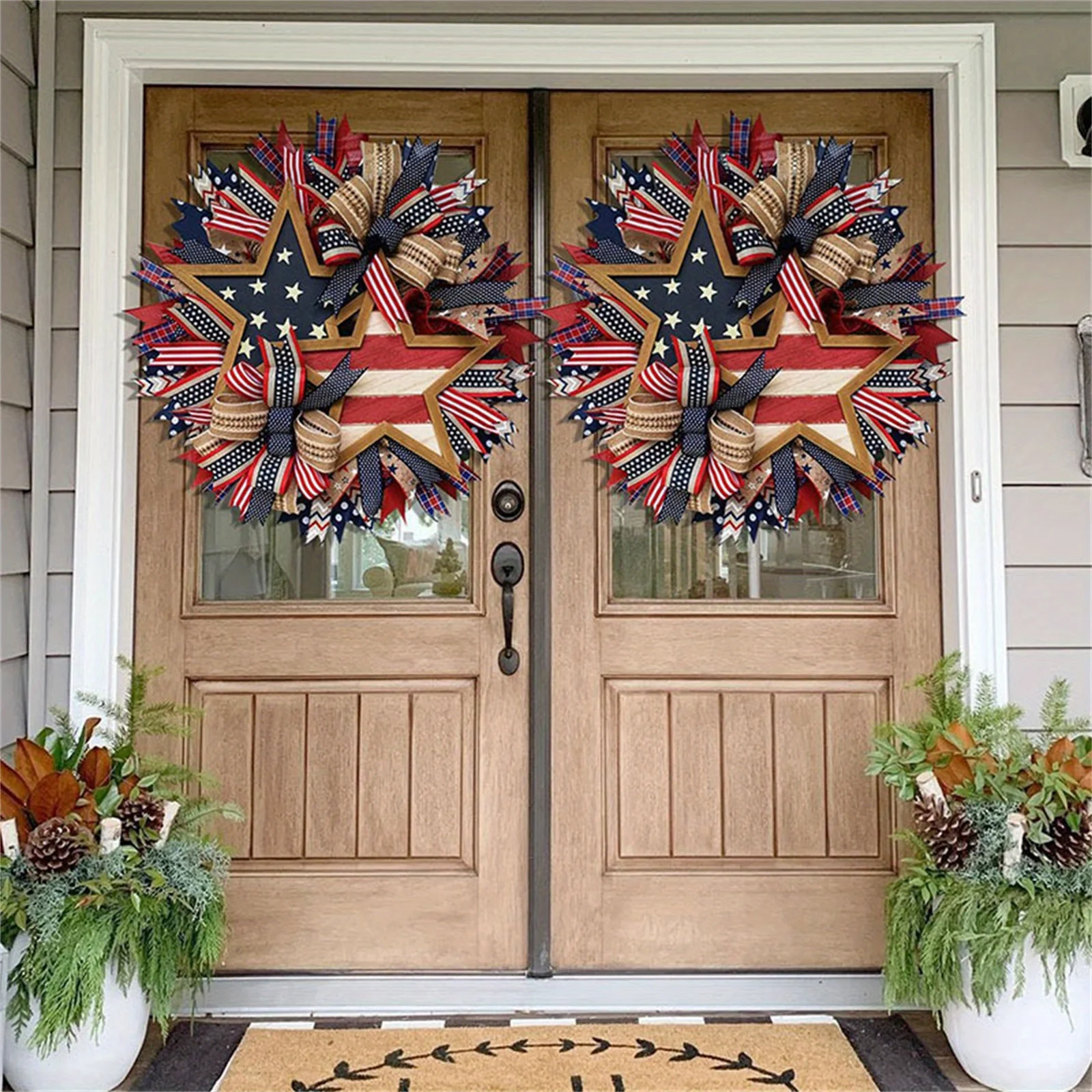 2Pcs 17.7 Inch 4th of July Independence Day Retro Red White and Blue Wreath Wooden Pentagram Embellished Burlap Pentagram Wreath
2Pcs 17.7 Inch 4th of July Independence Day Retro Red White and Blue Wreath Wooden Pentagram Embellished Burlap Pentagram Wreath