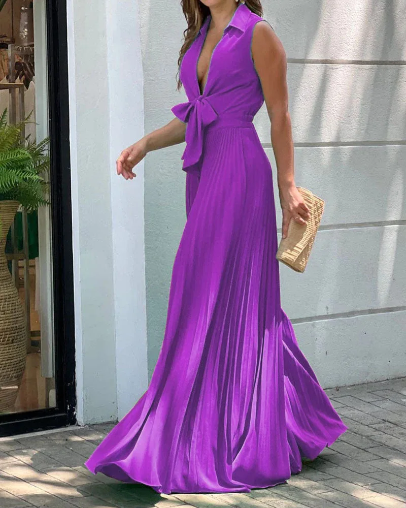 Summer Sleeveless Turn-Down Collar Front Bow Wide Leg Pleated Pant Loose Jumpsuit 2023 Red Green Black Purple Blue Yellow Outfit
Summer Sleeveless Turn-Down Collar Front Bow Wide Leg Pleated Pant Loose Jumpsuit 2023 Red Green Black Purple Blue Yellow Outfit