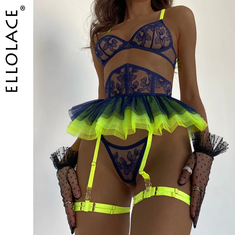 

Ellolace Ruffle Neon Lingerie Lace Super Fine Porn Underwear Uncensored Fancy Delicate Intimate Luxury Garter 5-Piece Outfit