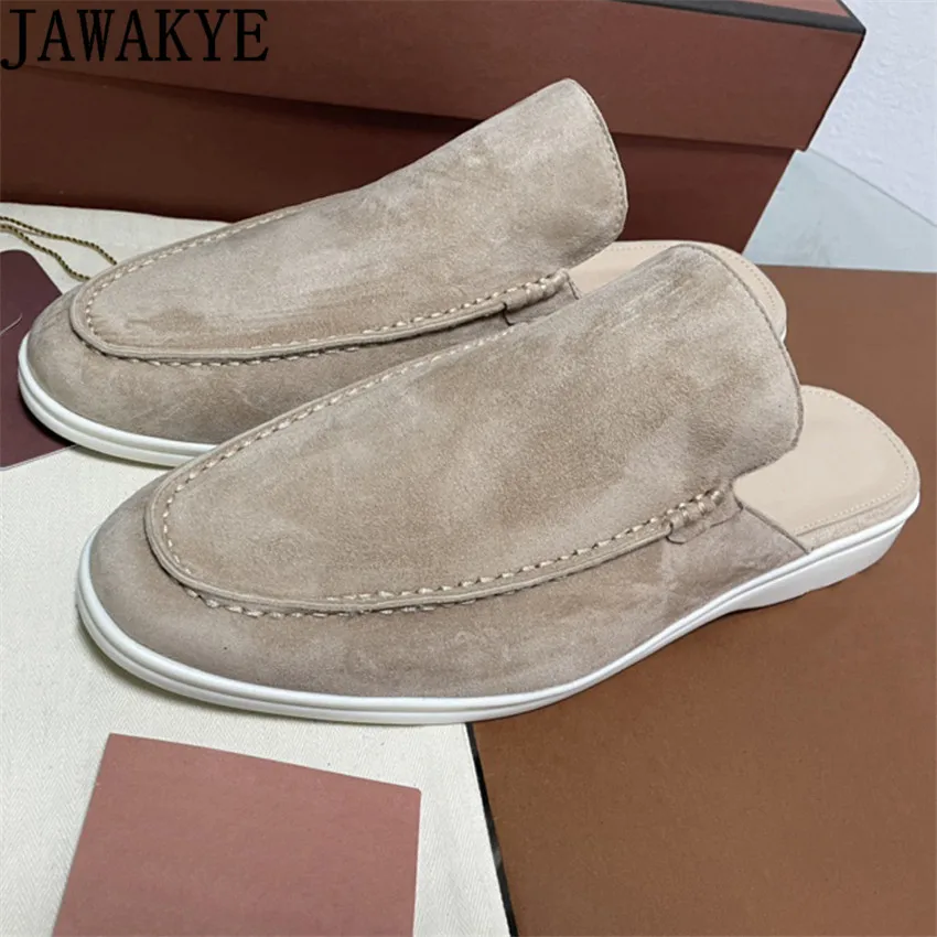 

JAWAKYE Men's Suede Leather Slippers Slip-on Mules Flat Heel White Sole Casual Slippers Couple Shoes for Men Lazy Loafers Shoes