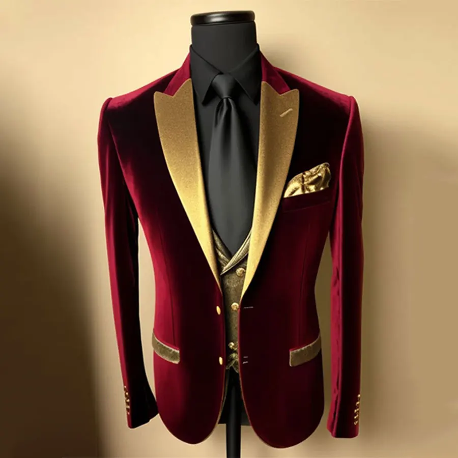 

Men's Business Velvet Gold Satin Pockest Turndown Collar Blazer