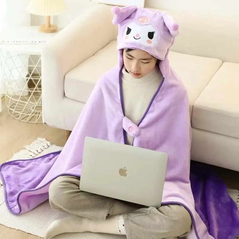 

Kawaii Sanrios Kuromi Hooded Cape Anime Home Absorbent Bath Towel Office Nap Plush Thickened Airs Conditioning Blanket Girl Gift