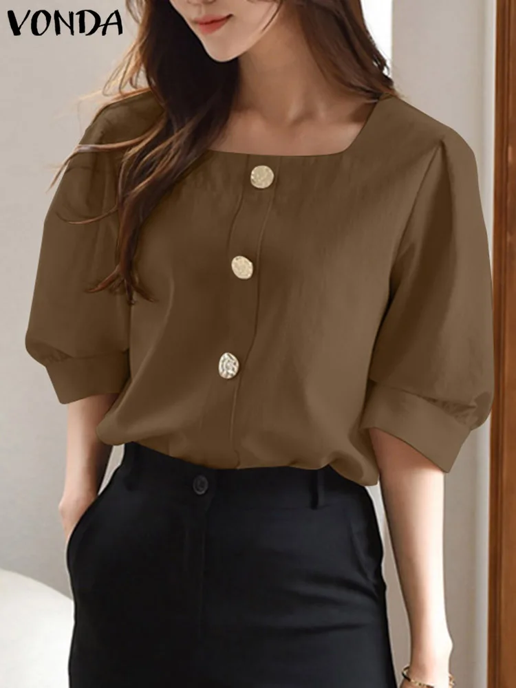 

Блузка VONDA женская с коротким рукавом, Модный повседневный топ свободного покроя, однотонная элегантная офисная рубашка с квадратным вырезом, лето 2024