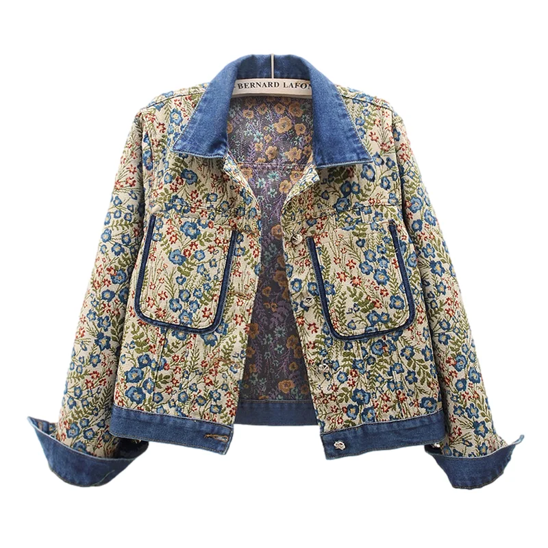 

Vintage Blue Jacquard Flower Embroidery Big Pocket Spliced Denim Jacket Women Cowboy Outerwear Loose Short Jeans Jacket Female