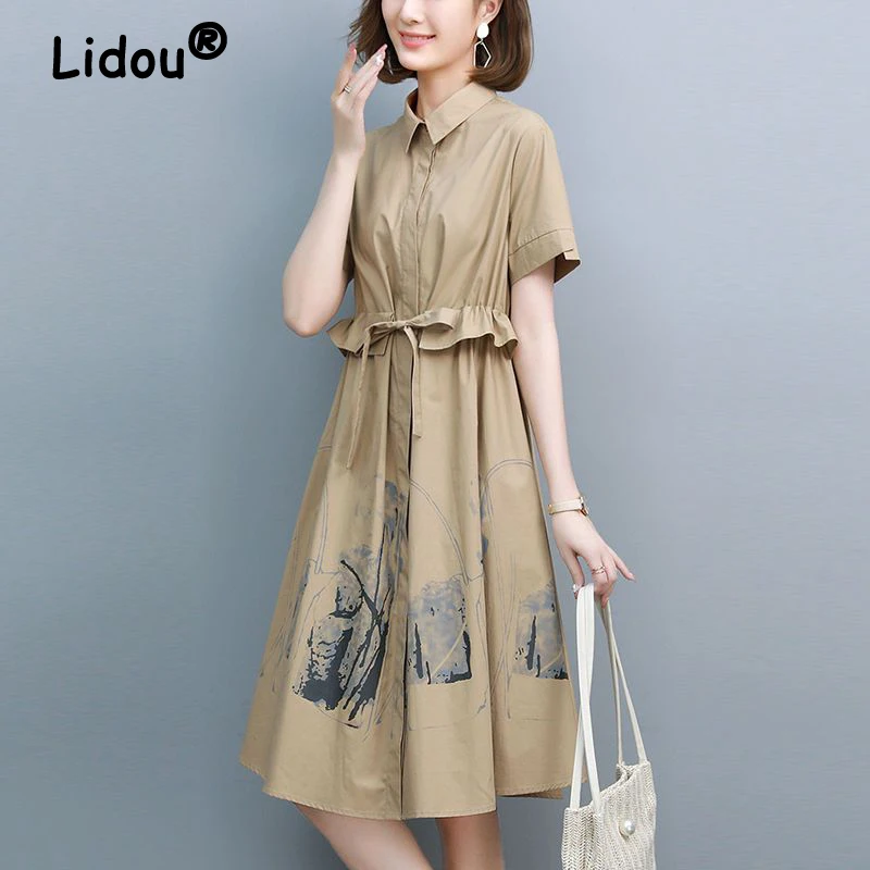 

Women's Clothing 2023 Ruffle Lace Up Print Elegant Party Midi Dresses Summer Korean Fashion Short Sleeve Cotton Slim Shirt Dress