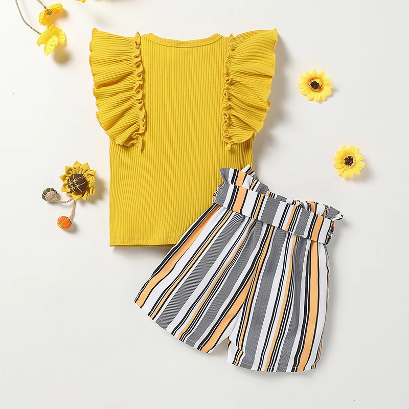 

Little Girl Summer Clothes Ruffled Sleeveless Solid Ribbed Round Neck Tops with Stripe Belted Shorts Outfit