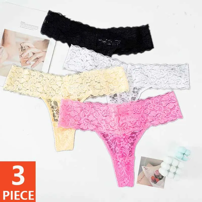 Culotte en dentelle florale pour femme, culotte taille basse, slip respirant, sous-vêtement string féminin, culotte transparente G-String sexy, M-2XL solide, 3 pièces 1