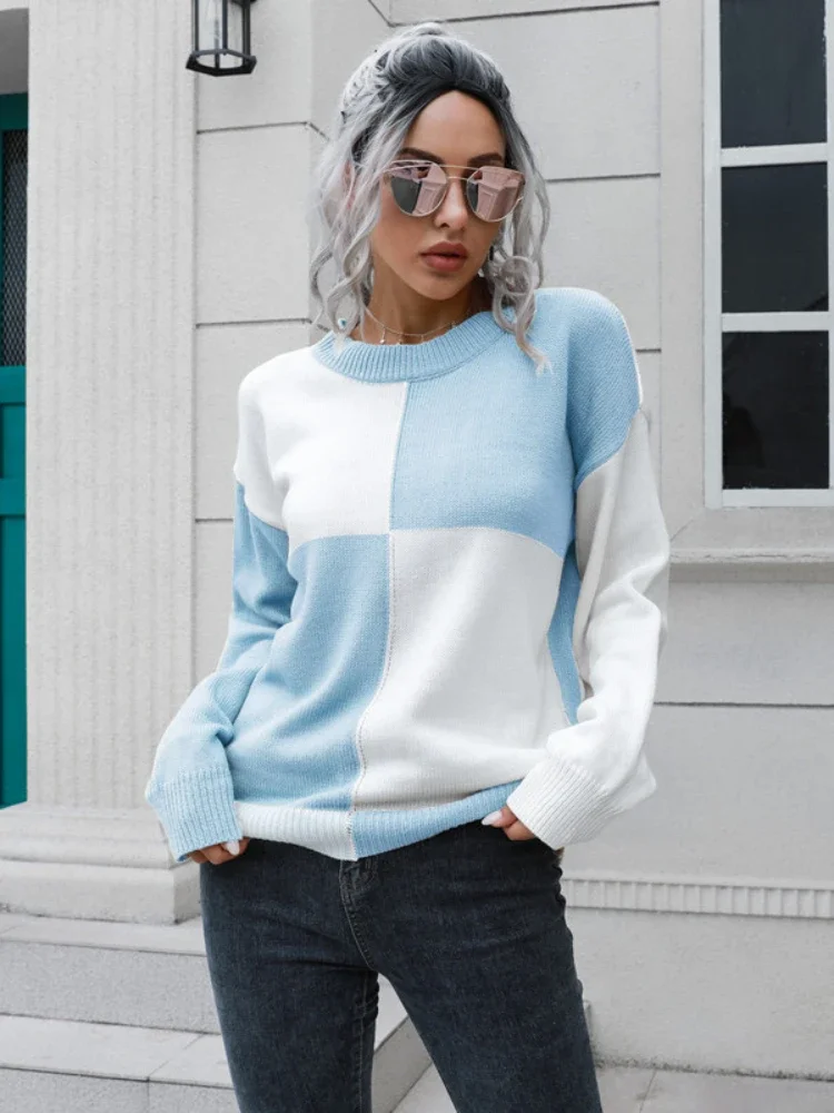 

Women's 2023 Fashion Casual Design Sense Y2K Checkerboard Color Block Checker Sweater Long Sleeve Knitted Top Long Sleeve