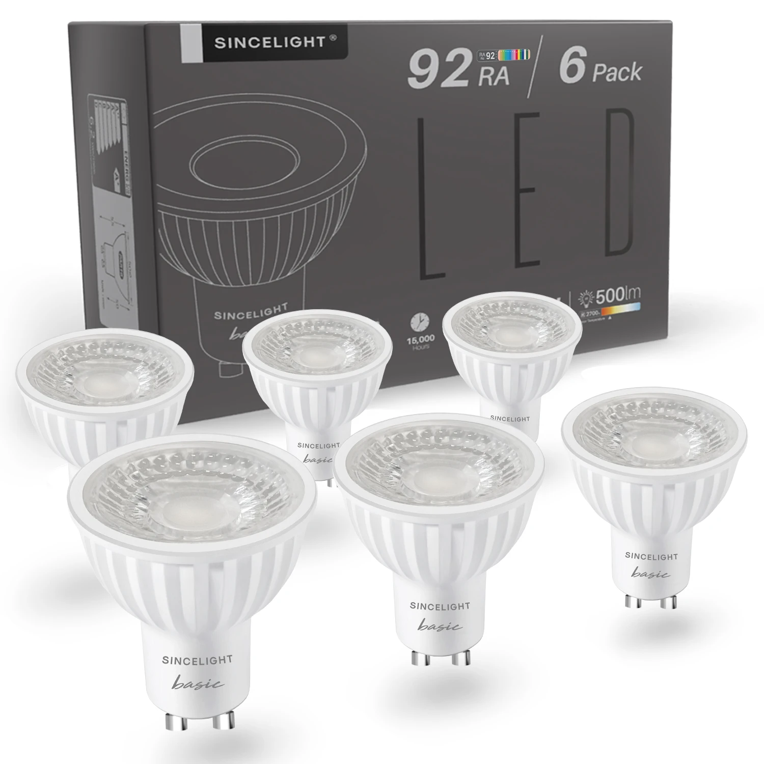 

Pack of 6/12, GU10 LED Spot Light Bulb 38° Beam Angle Narrower Focus Reflector, 6W, 500 Lumens, 100-240V, RA≈92, Non-Dimmable