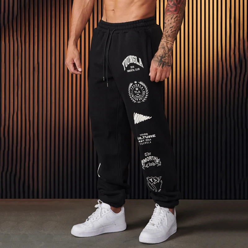 

American Casual Men Trousers Spring Autumn New Jogger Gym Sports Fitness Sweatpants Cotton Printed Mid Waist Drawstring Pants
