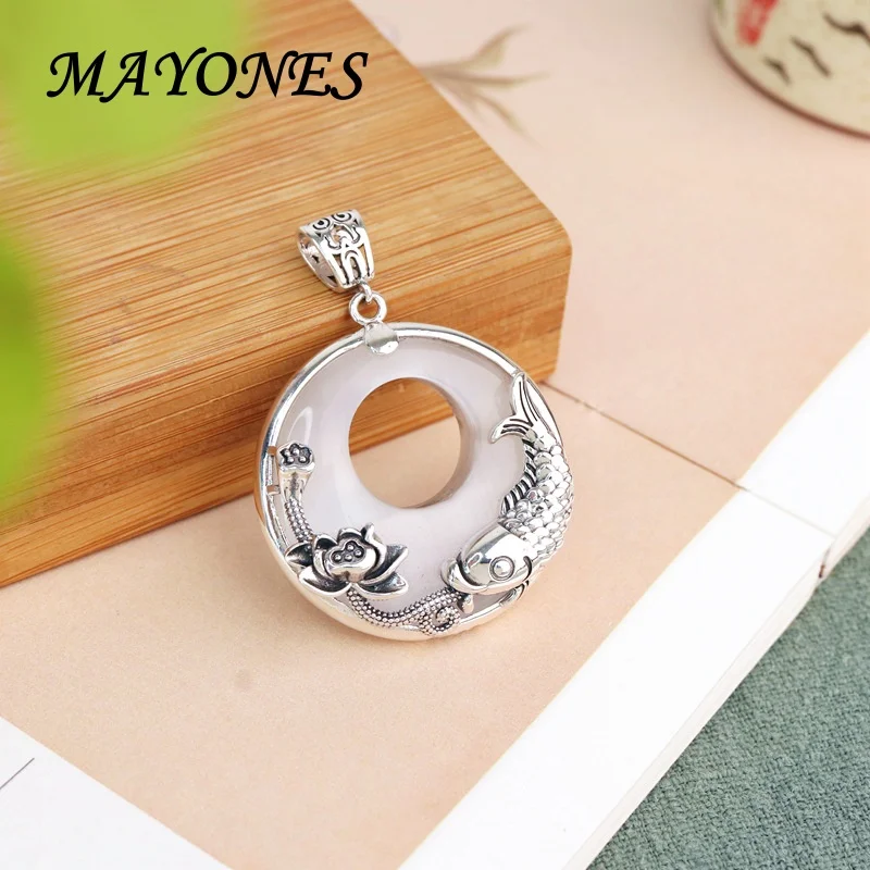 S925 Sterling Silver Pendant Vintage Jade Chalcedony Agate Lotus Fish Necklace Safety Buckle Necklace
S925 Sterling Silver Pendant Vintage Jade Chalcedony Agate Lotus Fish Necklace Safety Buckle Necklace