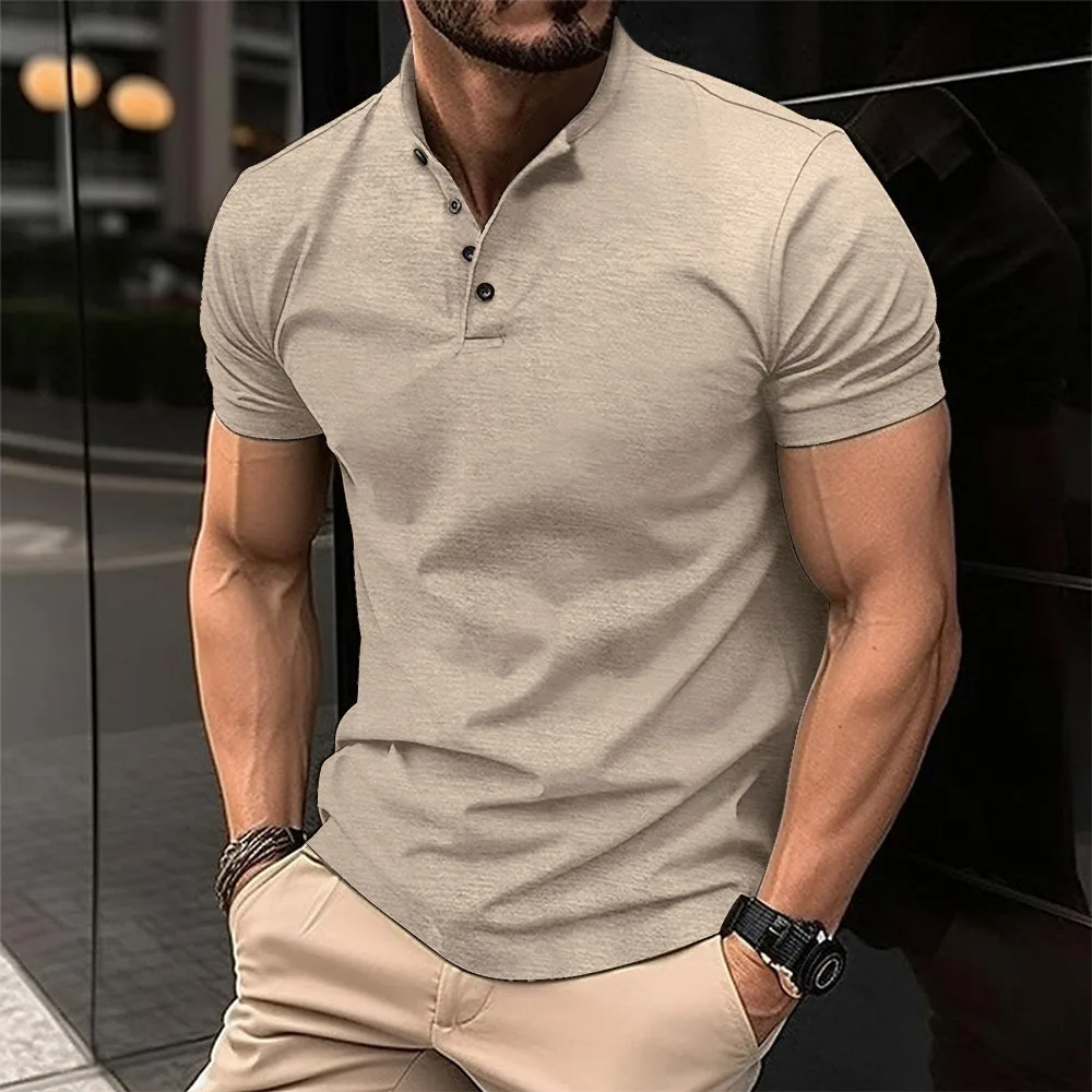 

Summer Short Sleeve T-shirt Men's Solid Color Button Henley Collar Sports Polo Shirt