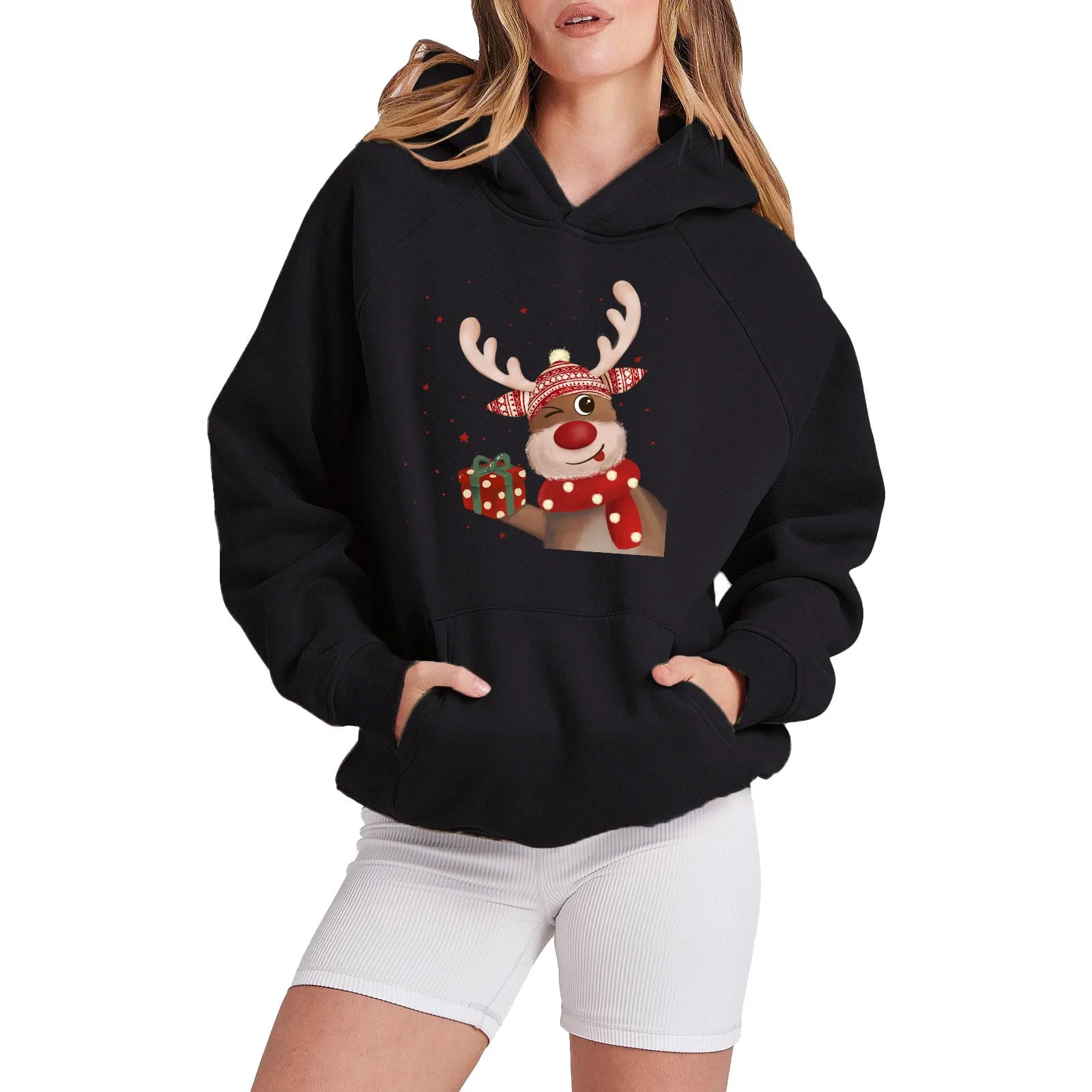 

Merry Christmas Graphic Hoodies Sweatshirt Women Christmas Long Raglan Sleeve Snowflake Santa Tree Hat Hooded Sweater Tops