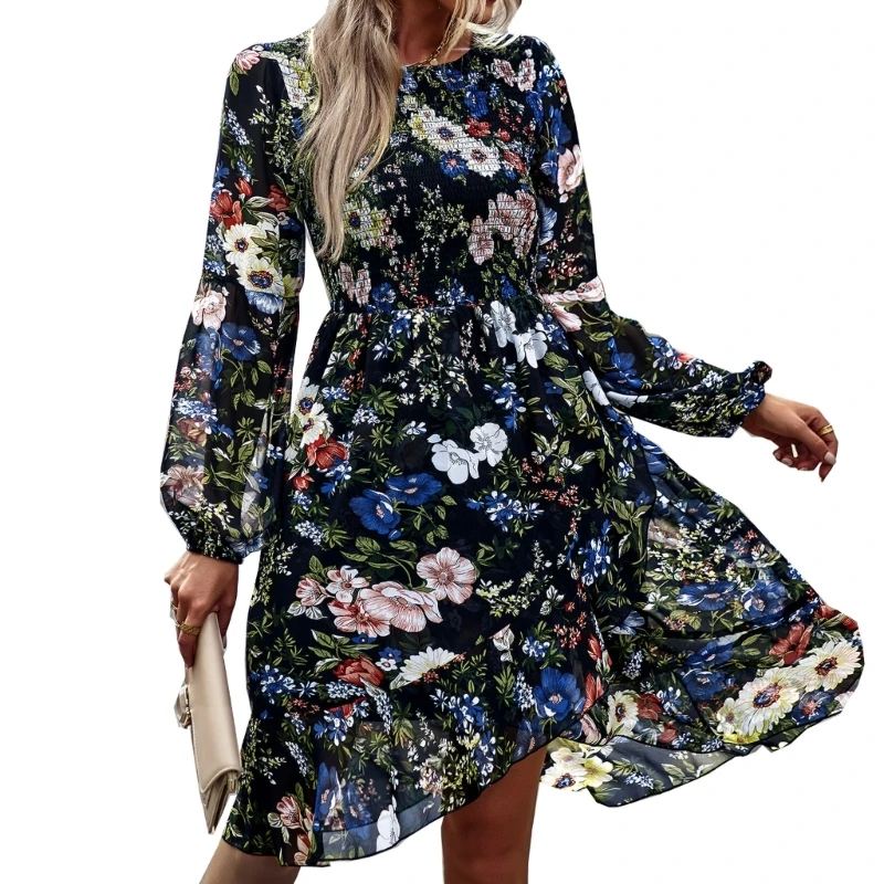 

Womens Puff Long Sleeve Shirred Ruffled Hem A-Line Midi Dress Bohemian Floral Print Smocked Waist Flowy A-Line Dresses