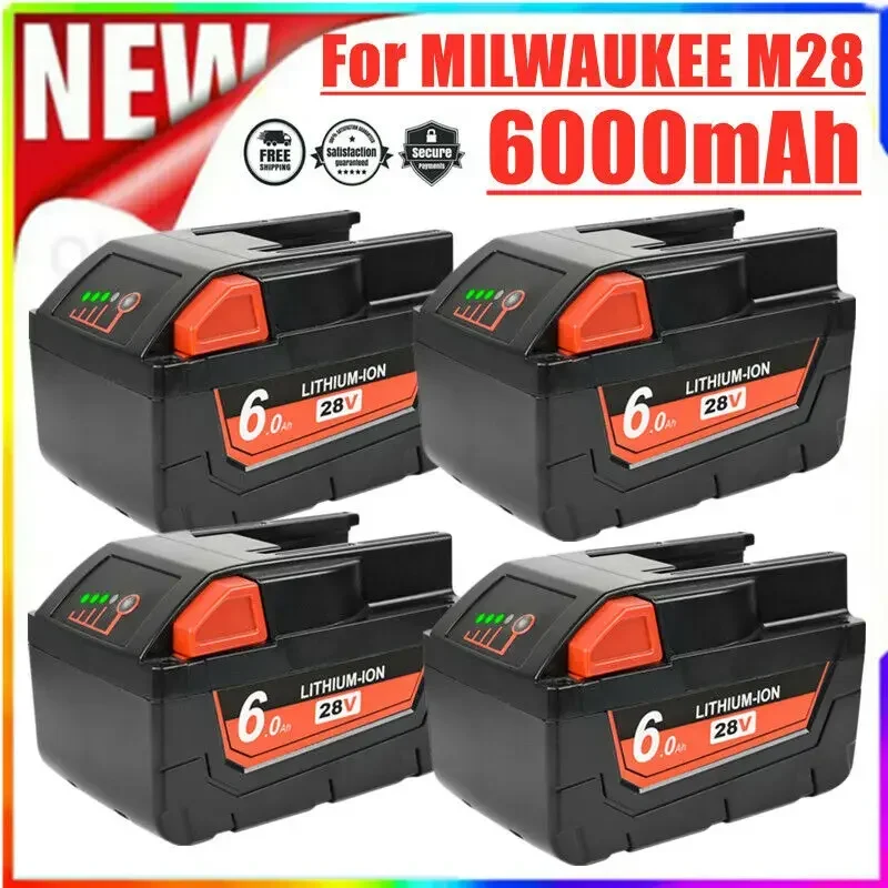 

28V 6Ah Li-Ion Battery For MILWAUKEE M28 V28 M28BX M28B 48-59-2819 0730-20 Power Tool 48-11-2830 W/ LED Gauge