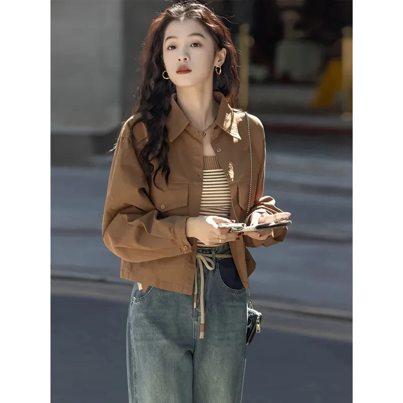 

Retro Style Simplicity Women Short Long Sleeved Solid Color Shirt Jacket 2024 Design Sense niche Female Cardigan Blouse Top Coat