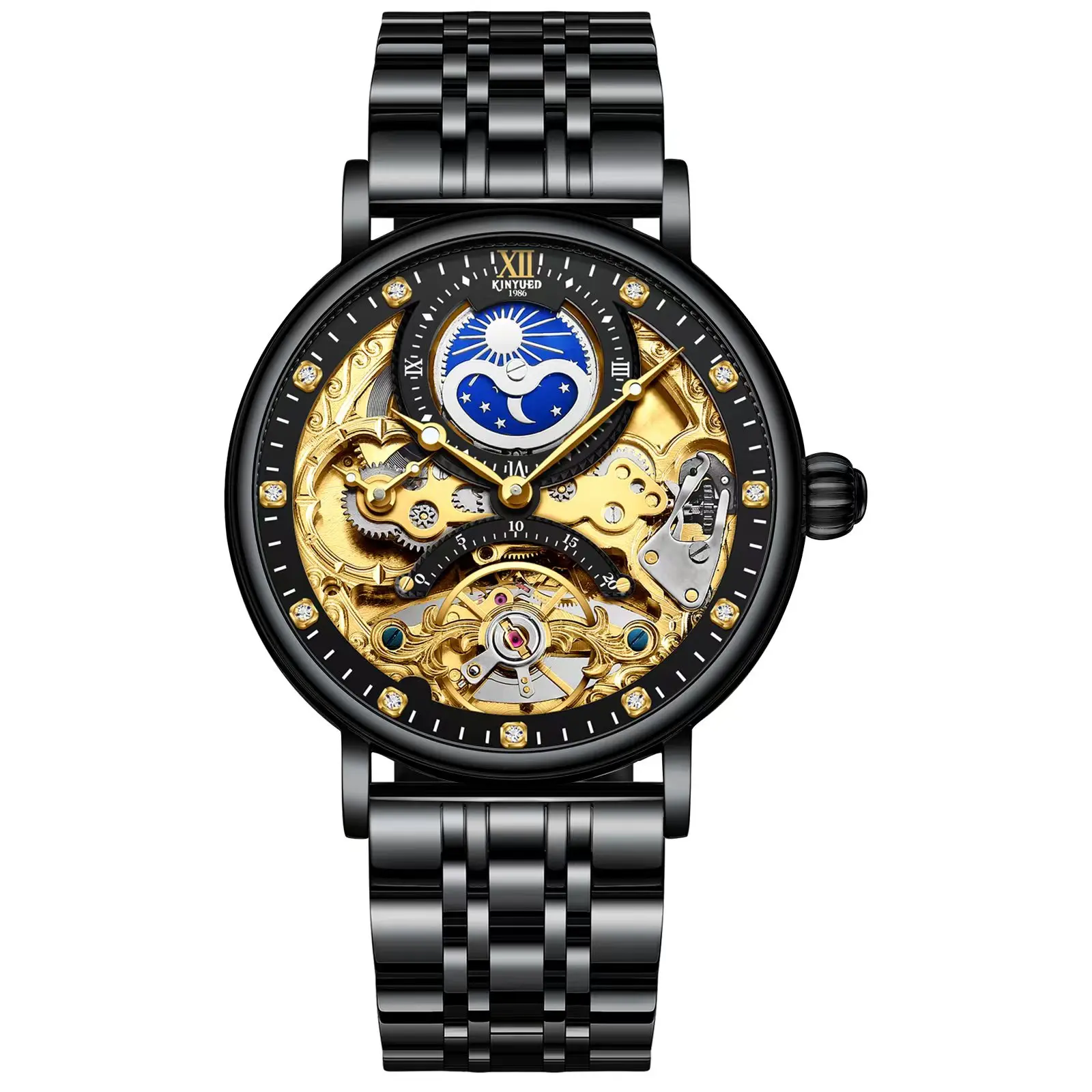 

KINYUED Automatic Mechanical Luxury Man Watch Skeleton Flywheel Wristwatch Waterproof Stainless Steel Man's Watch relojes