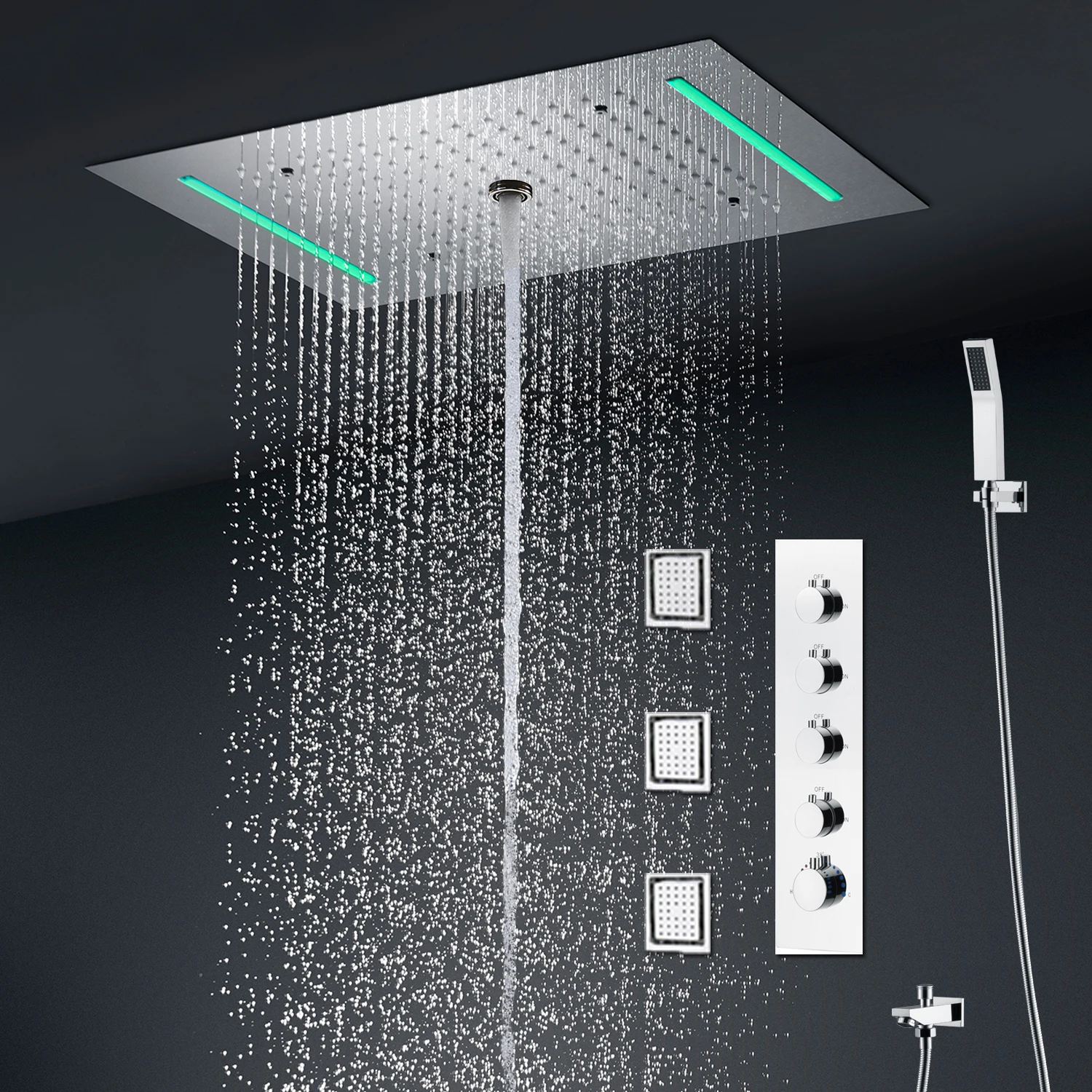 

Massage Shower Set LED Recessed Ceiling Rainfall Shower Panel Thermostatic 4 Ways Mixer Body jets Column Bath