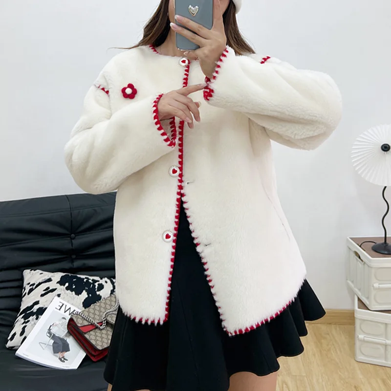 

2023 Real Fur Autumn and Winter New Lamb Wool Coat Women's Granular Wool Sheep Shearing Fur One Piece Women's Young Style