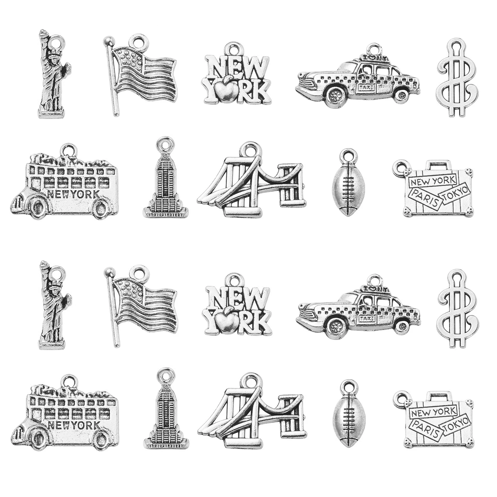 

100Pcs 10 Styles America New York Theme Travel Charms Tibetan Statue of Liberty Flag Suitcase Charms for Jewelry DIY Making