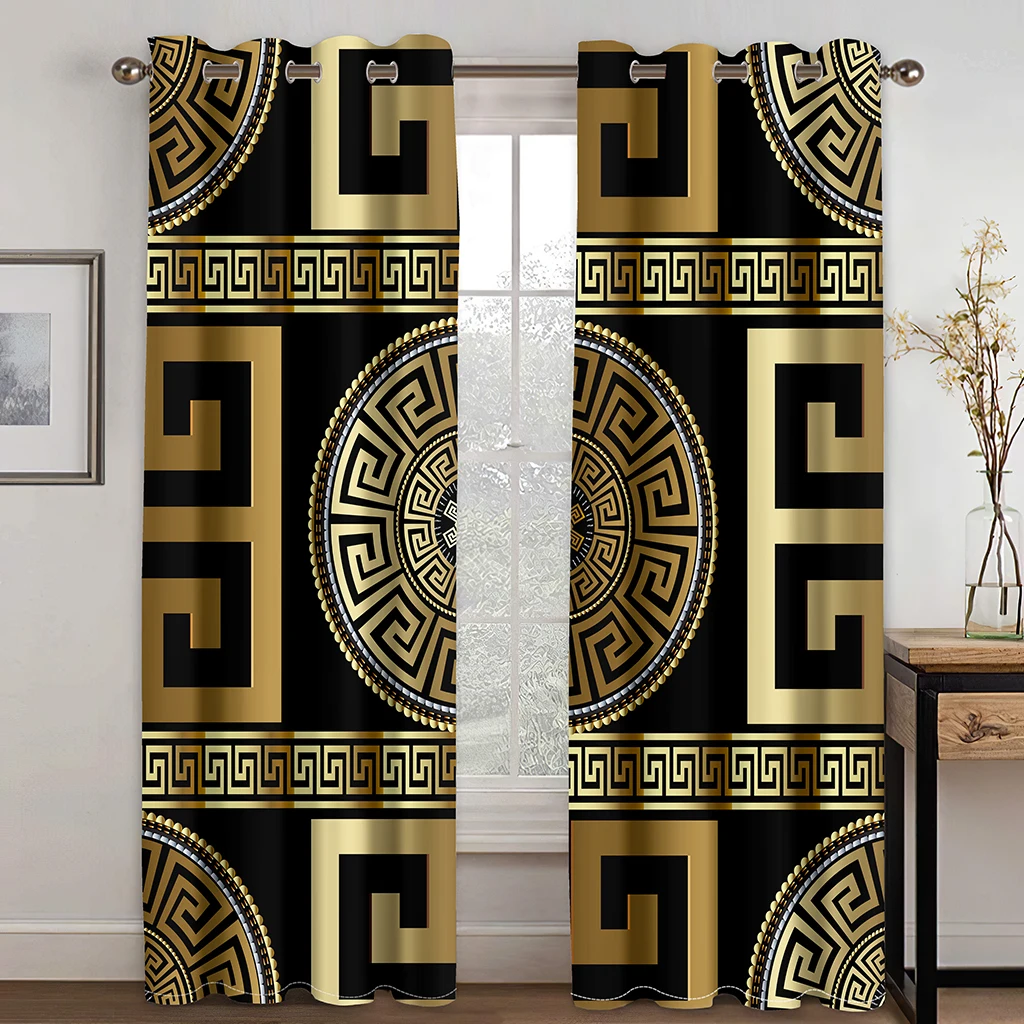 

3D Modern Printing Luxury Brand Series Gold Pattern Sunshade Curtains 2 Pieces of Living Room Bedroom Home Decoration Hook Punch