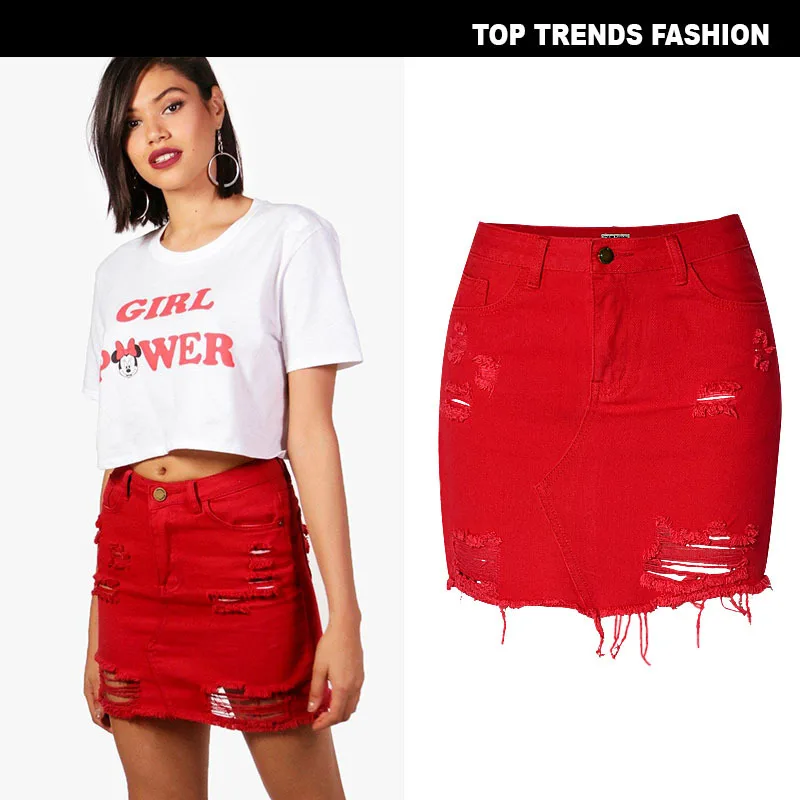Spring High waisted buttocks wrapped women's denim short skirt with irregular holes in red, Tassel hem new women's clothing
Spring High waisted buttocks wrapped women's denim short skirt with irregular holes in red, Tassel hem new women's clothing