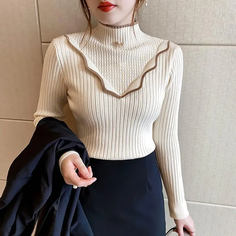 

Fashion Commute Long Sleeve Tops Autumn Winter New Solid Color Half High Collar Color Block Jacquard Weave Slim Women's Sweaters