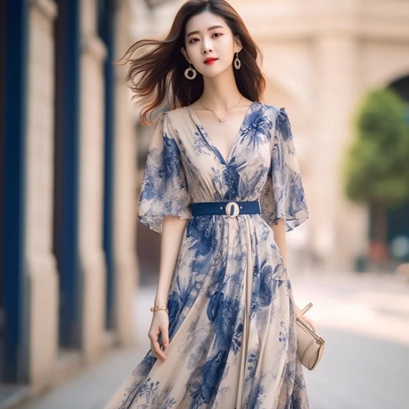 

2024 New Summer Elegance Long Dress Gentle Blue Chiffon Zipper V-neck Fragmented Flower Dress Large Swing Skirt