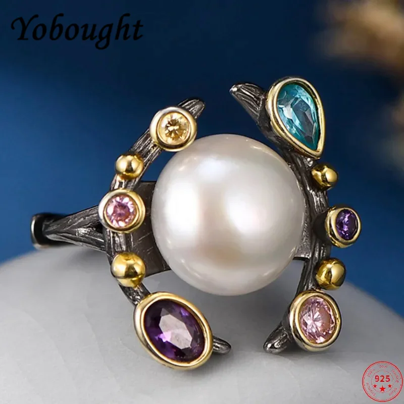 

Genuine s925 sterling silver rings for Women New Fashion freshwater pearl micro inlay colors zircon hollow Palace style jewelry